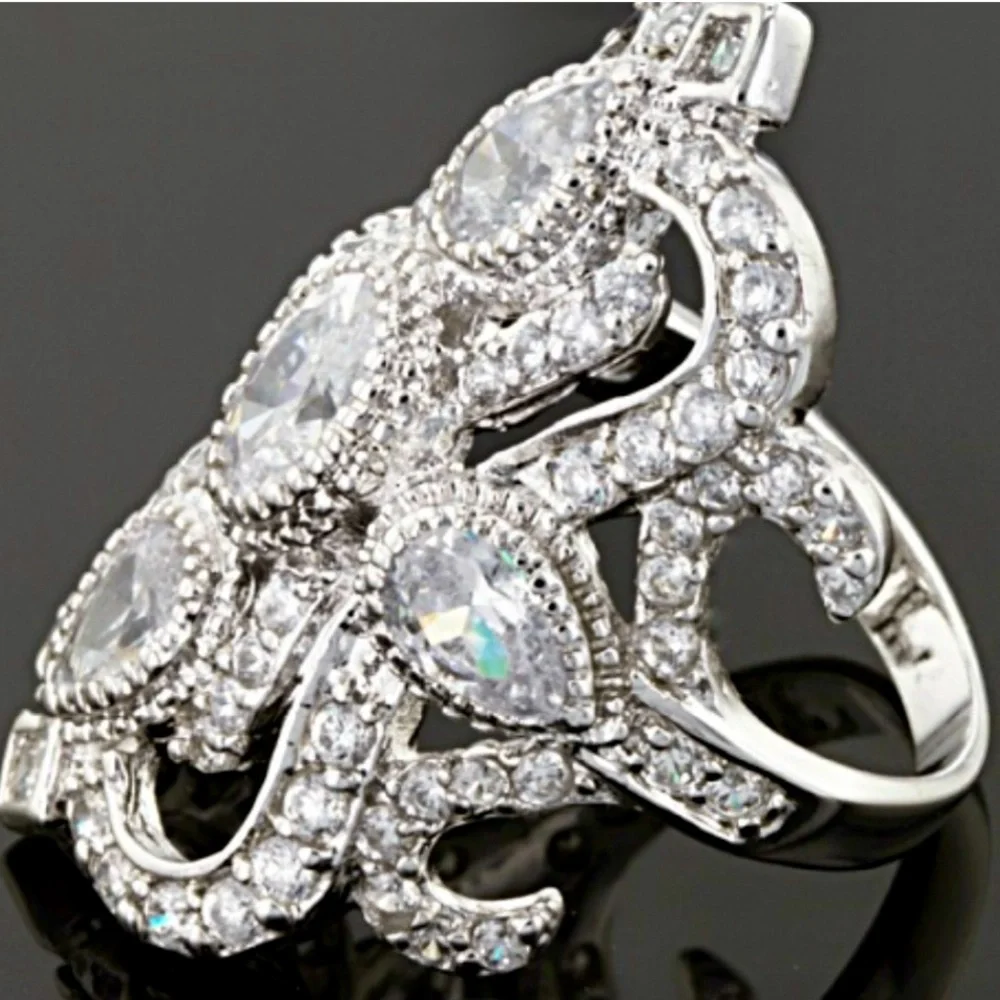 3.8 Carat DEW CZ Cocktail Statement Ring 925 Sterling Silver Rhodium Plated